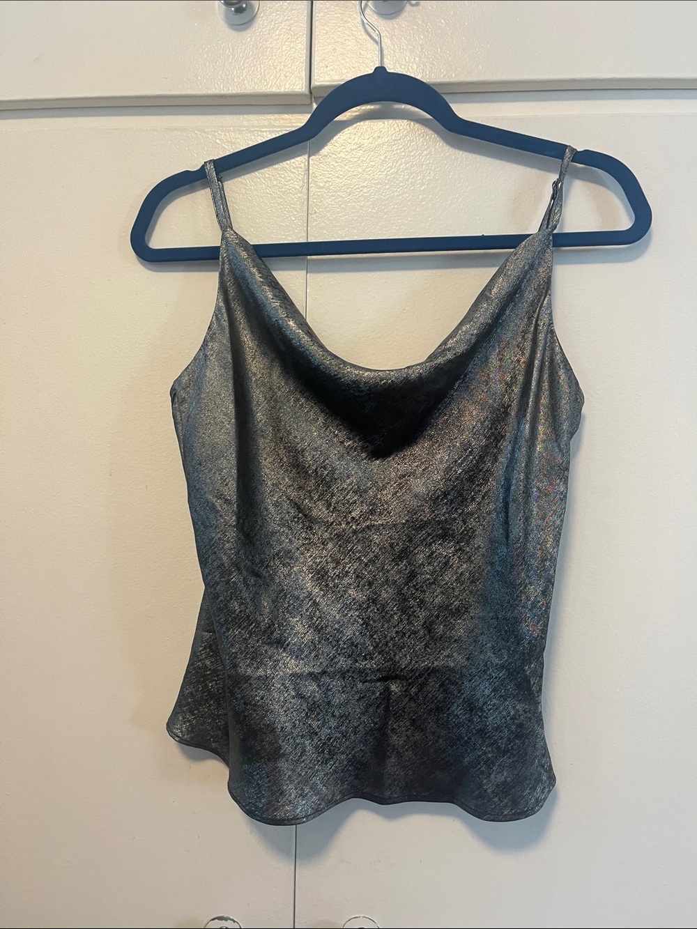 NWT ETAM M. FREDERIC Metallic Silver Cowl Neck Satin Camisole - Women's Top SZ M